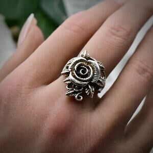 Vintage 925 Sterling Silver 3D Rose Flower Statement Ring 6.63g Size 7.5
